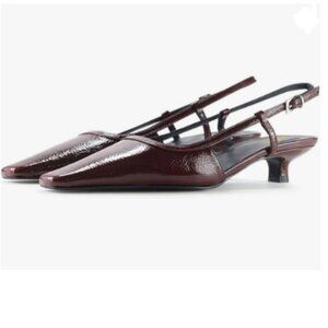 Zszszsu Maroon Square Toe Slingback Pumps Kitten Low Heels Buckle Strap Shoes